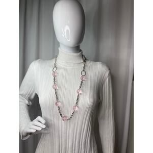 silver tone chunky chain link necklace with faceted pink resin beads jewelry
